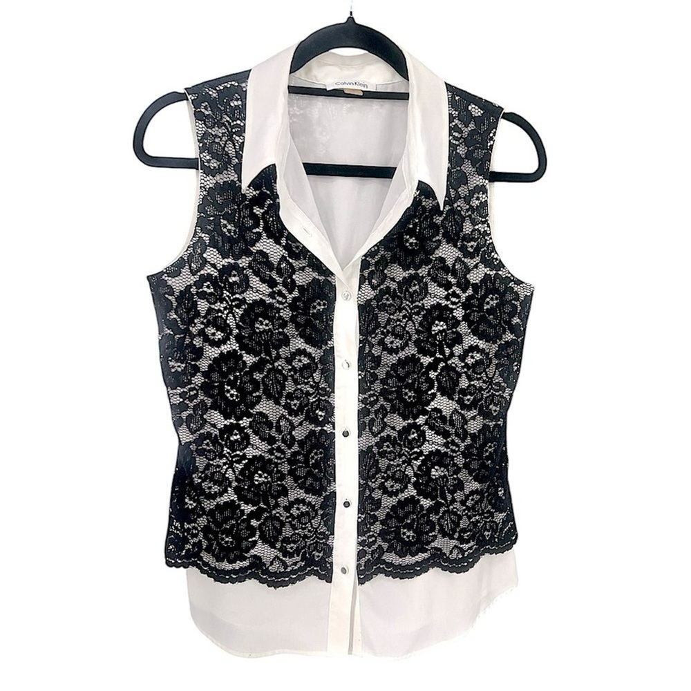 Calvin Klein M lace top sleeveless black ivory white collar button shirt blouse